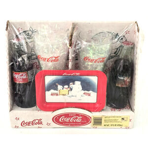 Vintage 1997 Coca Cola Polar Bear Collectable Bottle & Glasses Gift Set